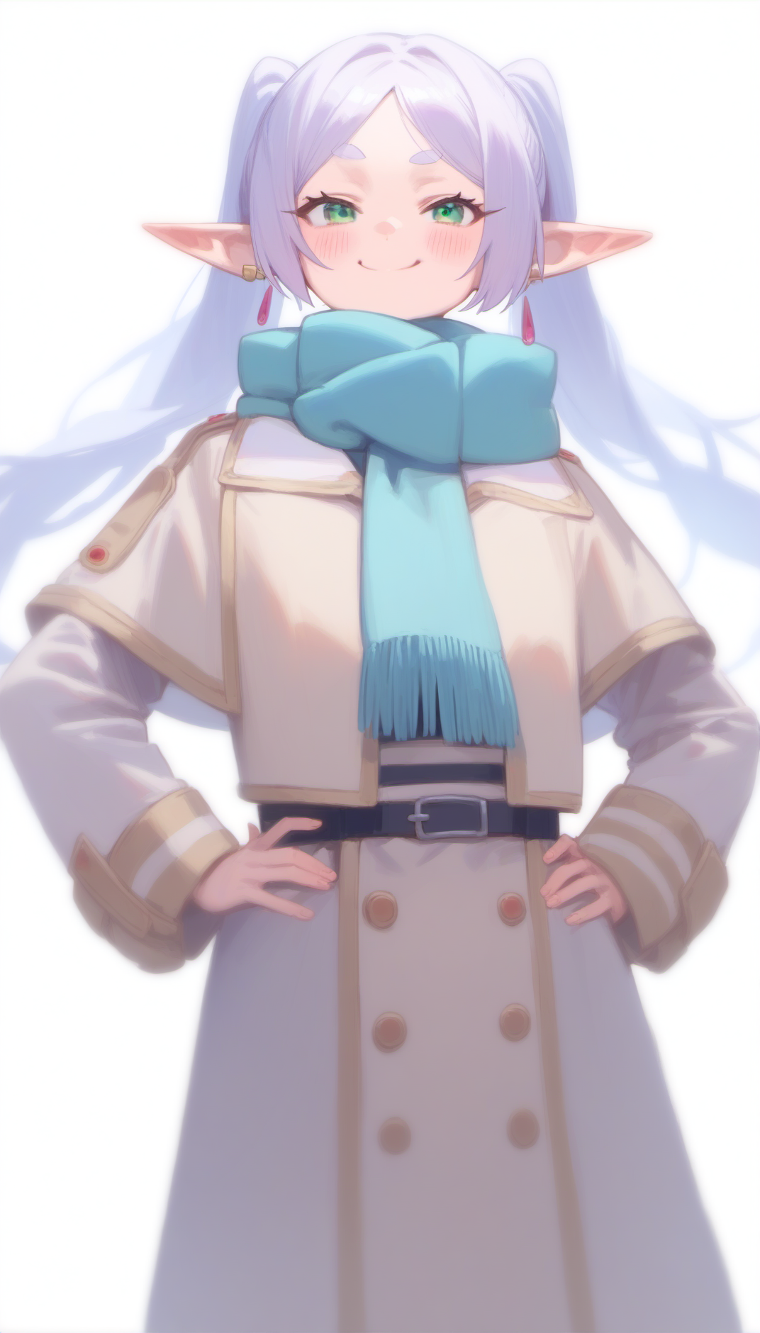 score_9, score_8_up, score_7_up, score_6_up,
nereirfpnxl, frieren, hand on hip, rating:safe, hands on hips, pointy ears, jewelry, earrings, solo, elf, blush, 1girl, long sleeves, smile, smug, twintails, doyagao, green eyes, scarf, long hair, =3, closed mouth, coat, >:\)
<lora:frieren_nereirfpnxl_pony:1>