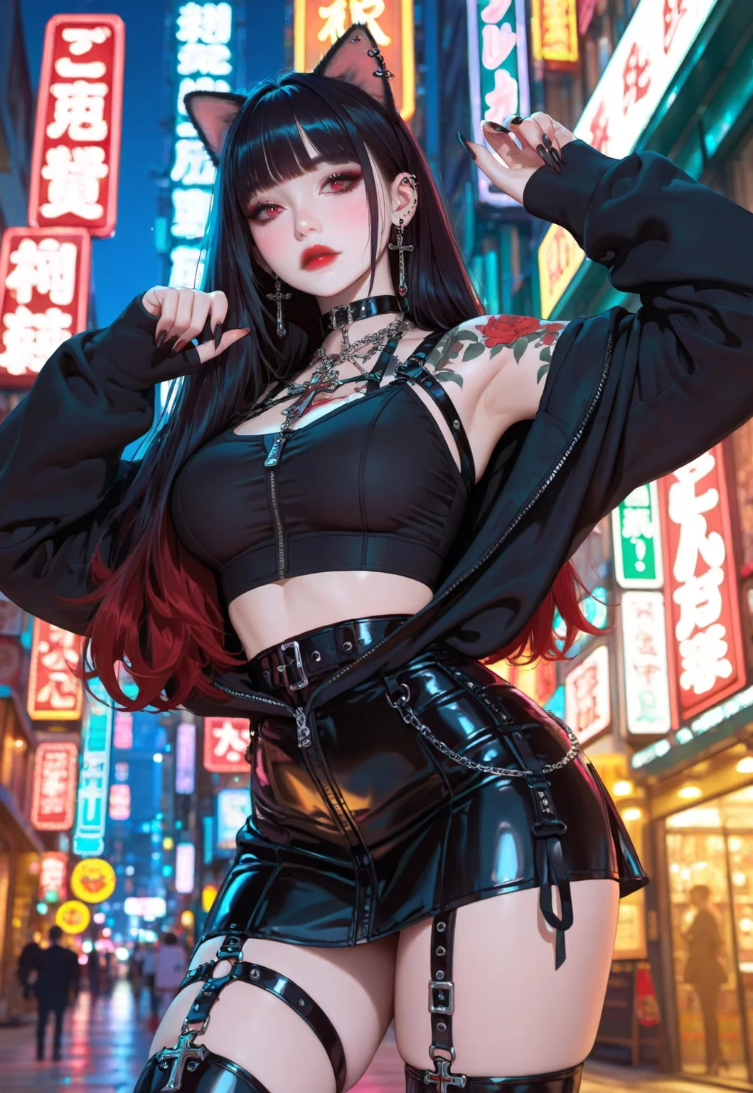 artist_moriimee, very awa, masterpiece, best quality, year 2024, newest, highres, absurdres, 1girl, jewelry, cat ears, solo, tattoo, black hair, earrings, medium breasts, long hair, bangs, makeup, gothic, ear-piercing, red eyes, cross earrings, blush, arm tattoo, shoulder tattoo, red lips, chest tattoo, goth fashion, latin cross, long nails, blurry background, outdoors, city, neon signs, night, zip up sweatshirt, short skirt, boots, dynamic pose, dynamic angle