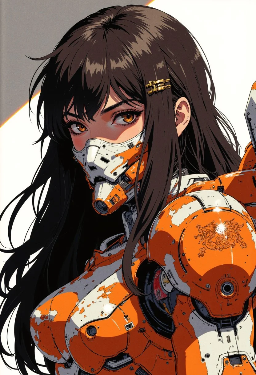 in the style of ck-mgs, j_art, portrait of a japanese sci-fi warrior princess, long hair, bangs, sidelocks, dark eyeshadow, orange and white mecha suit embossed with eastern dragon motif, mecha mouth mask, directional light