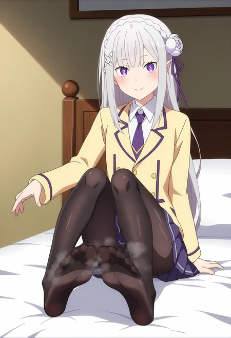 score_9, score_8_up, score_7_up, source_anime,
BREAK
<lora:shismellyfeetV1:0.7>,
shistinkyhose, smell, sitting, full body,pantyhose, feet, black pantyhose, legs, toes, soles, no shoes, steam, foreshortening, steaming body, foot focus, fine fabric emphasis,
1girl, solo, anime screencap, anime coloring,
<lora:shiEmiliaV2:0.8> emirng, long hair, grey hair, purple eyes, pointy ears, crown braid, hair flower, hair ribbon, purple ribbon, x hair ornament,
school uniform, pleated skirt, necktie,
blush, looking at viewer, seductive smile,