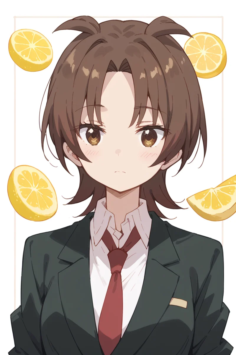 score_9, score_8_up, score_7_up, score_6_up,
<lora:Yuzu_Iizuka:1> yuzu, brown hair, brown eyes, 1girl, school uniform, blazer, red necktie, simple background, lemon pattern backgroud,