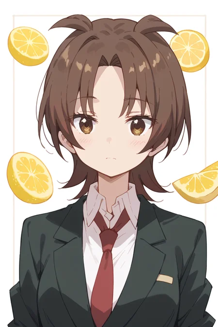 score_9, score_8_up, score_7_up, score_6_up,
<lora:Yuzu_Iizuka:1> yuzu, brown hair, brown eyes, 1girl, school uniform, blazer, red necktie, simple background, lemon pattern backgroud,