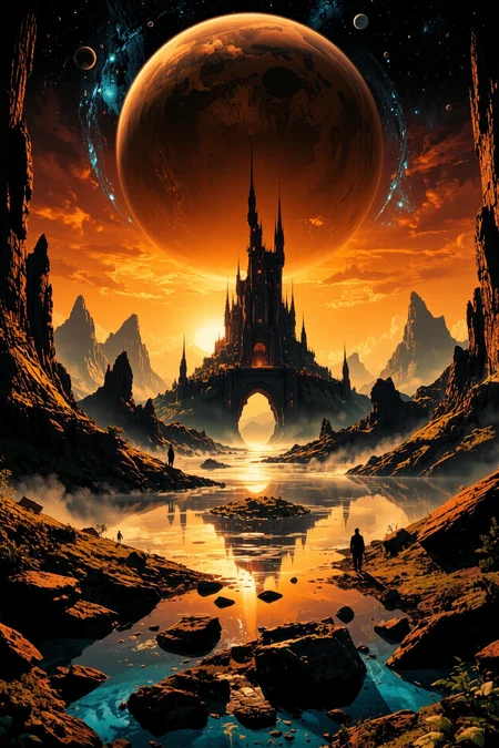 fantasy, space planet, sun, moon, golden hour, stars, (big rocks:0.9), (ripples, reflections:0.9), spatial futuristic castle, (small river pond:0.8), space forest, (space village:1.2), (stunning nature aquatic environment:0.8), spaceship, (unknown exotic land:0.9), beautiful space fantasy sci-fi futuristic landscape, (nice alien civilization), (very detailed:1.2), (best quality:1.2), sharp focus, high contrast, cinematic lights, backlight, shadows, (lens flare:0.4), (vibrant colors, colorful):0.7, (Lemon Yellow flowers:0.9) and leaves, <lora:artilands:0.8> <lora:aidmaImageUpgrader:0.8> aidmaimageupgrader <lora:Anti-Blur:0.8> <lora:Luminous_Shadowscape:0.3>