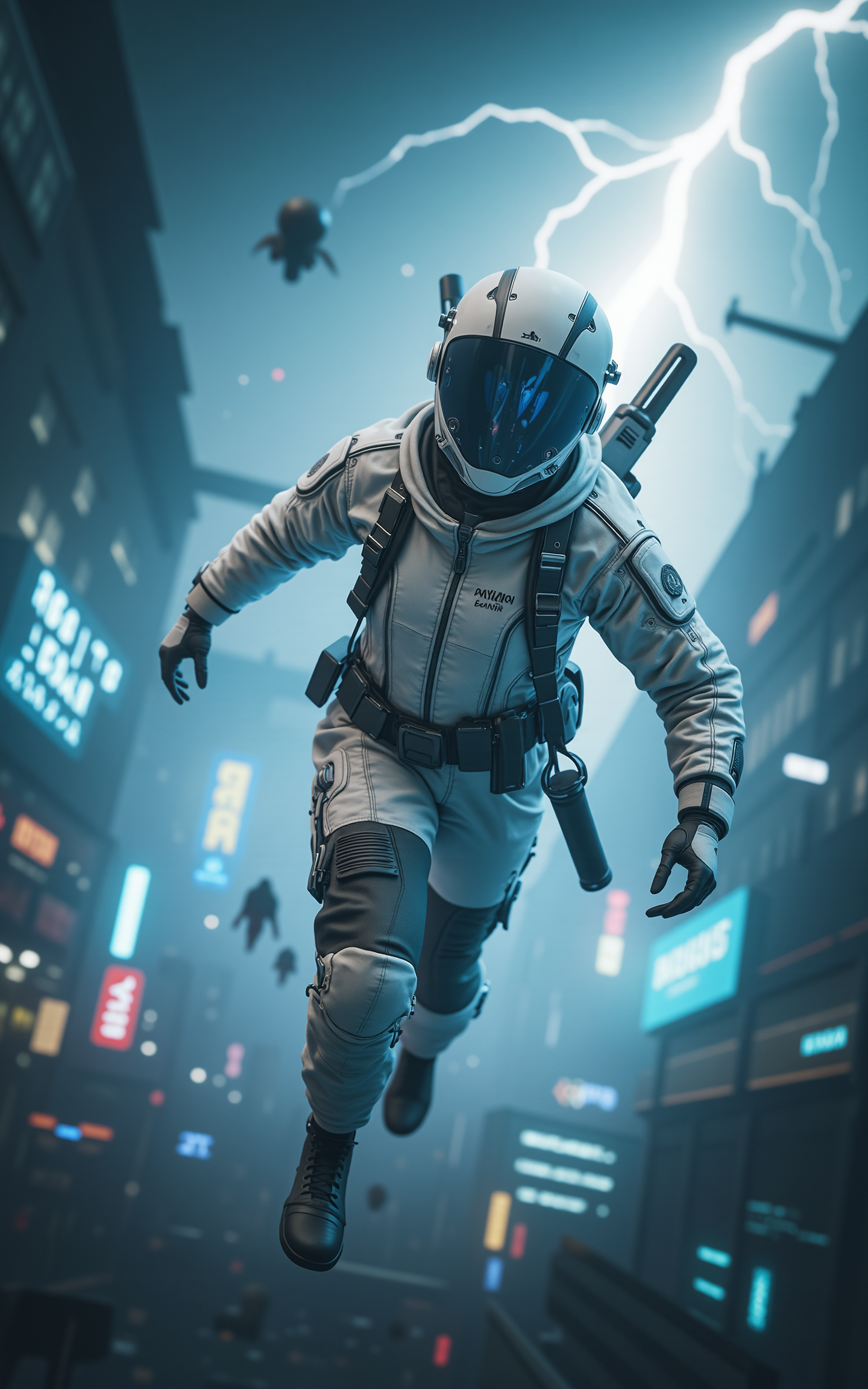 A courageous young pilot dons a white futuristic combat flight suit,equipped with precision-engineered mechanical wings and a powerful booster,as he speeds through a stormy sky filled with thunder and lightning. The flashes of light reflect dramatically on his suit. His flying pose is full of energy,and the image captures an intense sci-fi battle atmosphere with a high-speed photography style.,
<lora:kcyberpunk-02:0.8>,kcyberpunk,