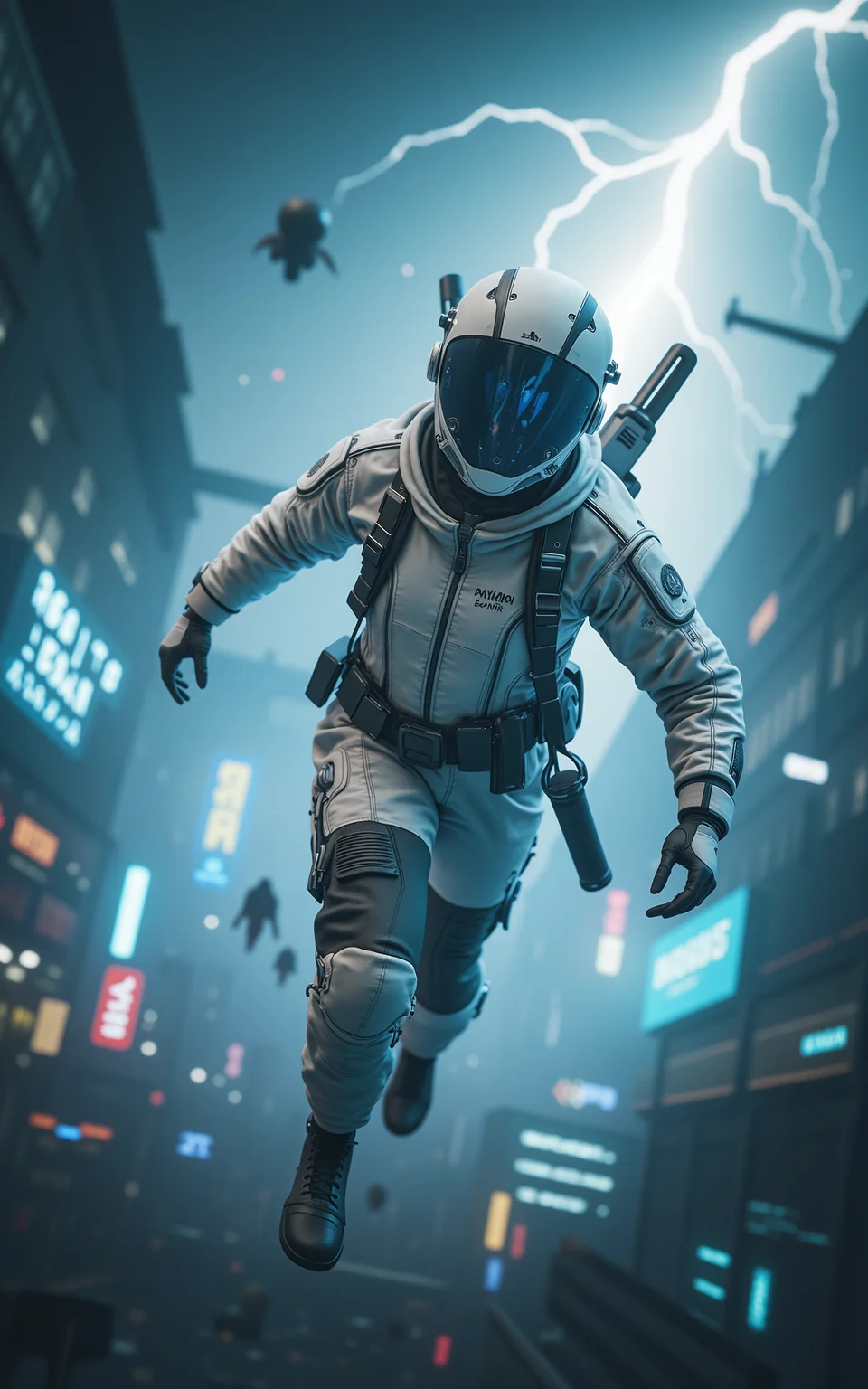 A courageous young pilot dons a white futuristic combat flight suit,equipped with precision-engineered mechanical wings and a powerful booster,as he speeds through a stormy sky filled with thunder and lightning. The flashes of light reflect dramatically on his suit. His flying pose is full of energy,and the image captures an intense sci-fi battle atmosphere with a high-speed photography style.,
<lora:kcyberpunk-02:0.8>,kcyberpunk,