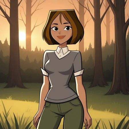 score_9, score_8, BREAK, solo, brown hair, black eyes, lips, collared shirt, grey sweater, short sleeves, green pants, dark skin, freckles, breasts, Total Drama, Courtney_(Total_Drama), sexy pose, smile, outdoors, sunlight, shadows, evening lighting, natural lighting, forest, trees, grass, orange sky, sunset