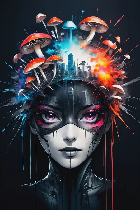 girl, sexy, pretty mushroom, bloody, portrait, double exposure cyberpunk style, amazing depth,high resolution, sharp, ink painting, color explosion
<lora:Mushroom_Portrait_V1:1>