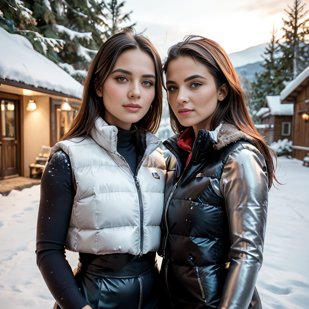 score_9, score_8_up, score_7_up,  professional two hispanic girls wearing (cropped_puffer_vest jacket), sexy,outdoors in the snow, fully dressed, (latex catsuit)  dramatic lighting, blushing, , after a long day of work,  at night, dark, under exposed, selfie leaks
 <lora:pony_cropped_puffer_jacket:0.7>