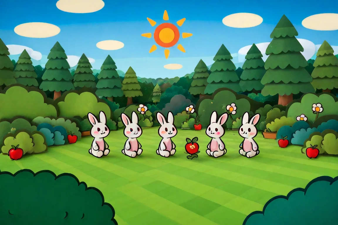 (((stkrstar:1))), highres, high quality,forest, grassy field, sun, clouds, cute, adorable, rabbits, cute rabbits, apples, bushes, :3
