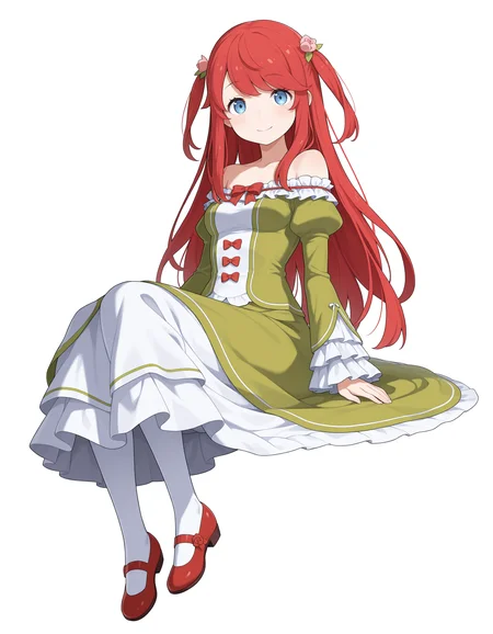 <lora:Theresia van Astrea Illu:1>
1girl, solo,
theresi4, red hair, blue eyes, long hair, two side up,
theresi4dress, green dress, off shoulder dress, bare shoulders, hair flower, frills, frilled sleeves, red bows, white pantyhose, white skirt, long skirt, red footwear, juliet sleeves,
smile, looking at viewer, sitting, full body,
simple background, white background,, masterpiece, best quality, amazing quality