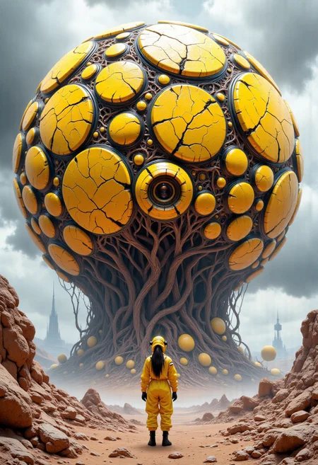 A hyper-realistic hauntingly beautiful dark sci-fi scene featuring a vast, barren landscape with a colossal, organic, yellow spherical object. A sphere made up of intertwined and fused egg spheres, intertwined veins and layered flesh reveals a structure of fused mutated spheres and intertwined veins and sinews. A woman in a yellow biohazard suit stands on rocky terrain, staring at the mysterious sphere. An overcast sky hangs over her, creating an eerie atmosphere on the desert landscape. In the distance, man-made structures can be seen on the horizon, hinting at a wider world, sci-fi and high tech. This striking image evokes a sense of wonder and curiosity, inviting viewers to explore the mysterious world that lies within, cinematic, painting, high definition, high detail, 16K resolution. ultra sharp focus photo, 3d render, architecture, dark fantasy, vibrant (photography, high-resolution, dynamic, energetic,hyper-realistic, dramatic lighting, shallow depth of field.), Cinematic, beautiful, vibrant, masterpiece, 32k, ultra HD, ultra-detailed, amazing quality, amazing artist, sharp edges, detailed textures, full view, atmospheric lighting, amazing visuals