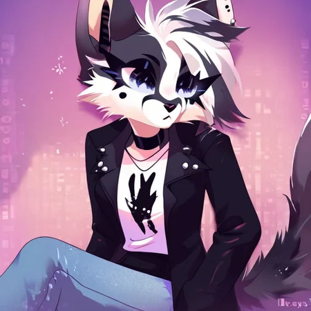 digital_media_(artwork) hi_res, score_9, score_8_up, score_7_up, score_6_up, score_5_up, score_4_up, rating_safe, beautiful, intricate, high quality details, highly detailed, amazing quality, anthro, furry, no humans, furry female, detailed textured fur, fur tufts, fluffy, cute, cute face, small, detailed sexy eyes, solo, SFW, ocelot, expressive, sassy, multicolored hair, streaked hair, absurdres, highres, shirt, denim pants, leather jacket, choker, clothed slim, clothed slender, clothed skinny, goth, heavy eyeliner, heavy eye shadow, breasts, vivid colors, Dexechiistyle