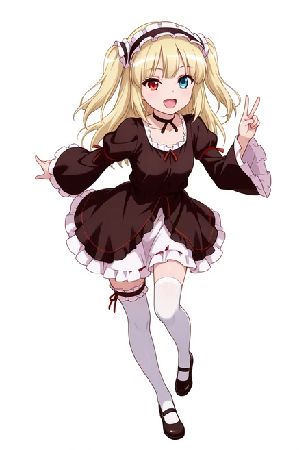 Smooth Quality,masterpiece,very intricate, high quality details, ultra realistic, high detailed skin,detailed enviorement,absurdres,
v,
<lora:Kobato_Hasegawa_CNR:0.8> kobato_cnr, hasegawa kobato, 1girl, blonde hair, two side up, heterochromia, red eyes, blue eyes,
dress, hairband,choker,white thighhighs, pantyhose,mary janes, shoes, bridal garter, long sleeves, wide sleeves,, simple background, white background, front view,solo,, ^o^,