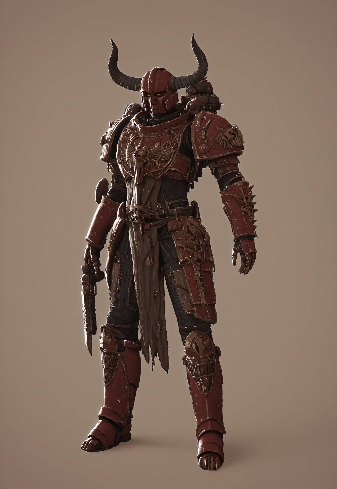  serious, stunning, magnificent, HD, photorealistic, dramatic lighting, intricate details, beautiful patterns, legendary, powerful, cinematic, trending on ArtStation, w4rh4mm3r style oil painting, grimdark, aiai-G&A, warhammer chaos, Chaos Space Marines, flesh and power armour of Chaos Space Marine, warps and twists, dark and inhuman forms, sprouting spines or bony ridges, covered in a layer of scales, fused with their armour, 
 almost part demon engine, warhammer 40k, spikes, helmet with horns, full view of body, from above
<lora:Astartes:0.8> <lora:Bad_Hands_lora:0.8> <lora:Chainsword_-_Warhammer_40000_SDXL:0.4> <lora:add-detail-xl:1> <lora:sinfully_stylish_SDKL:1> <lora:Expressive_H:1>