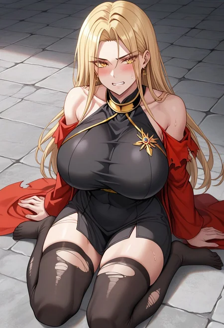 score_9, score_8_up, score_7_up, source_anime, rating_explicit, 1girl, breasts, skirt, thighhighs, solo,1girl, breasts, Victoria,1girl, mature female, (huge breasts:1.3),(military uniform:1.3), red coat, black thighhighs, gloves, red skirtred_cape, blonde_hair, solo, long_hair, cape, dress, clenched_teeth, small_head, yellow_eyes, glaring, looking_at_viewer, angry, stone_floor, teeth, kneeling, (black_dress:1.5), barefoot, covered_navel, covered nipples,sweat, scowl, parted_bangs, thighs, bare_legs, covered_breasts, bangs, sitting, v-shaped_eyebrows, blush, japanese animation, absurdres, toned, black_hair_tie, high contrast, aesthetic, toned, vivid color, muscular, (wide_shoulders:1.2), (tall_girl:1.2), wide hips, 2d, thighs, beautiful, sexy, black_shirts, cute_face,open_mouth,bangs, (thick_thighs:1.2), (huge_hips:1.2), (large shoulders:1.2), finely detailed beautiful eyes, finely detailed face,delicate facial features, (tall:1.4), small head, beautiful eyes and detailed face,toned,(healthy_body:1.2), (best quality, high quality, masterpiece, hyper detail, detailed face,detailed_eyes,detailed_pupils:1.3), collarbone, (detailed_eyes:1.5) ,(masterpiece:1.7),(high quality:1.7), same_eyes,same_pupils,(clear:1.5), detailed_eyes, collarbone, bangs, detailed_eyes, black_clothes, detailed_arms, amazing quality, (large_shoulders:1.4), wariza, (torn_clothes:1.5), upper body, (covered_shoulders:1.5), muscle, broken floor, detailed_hands,taut_clothes,
