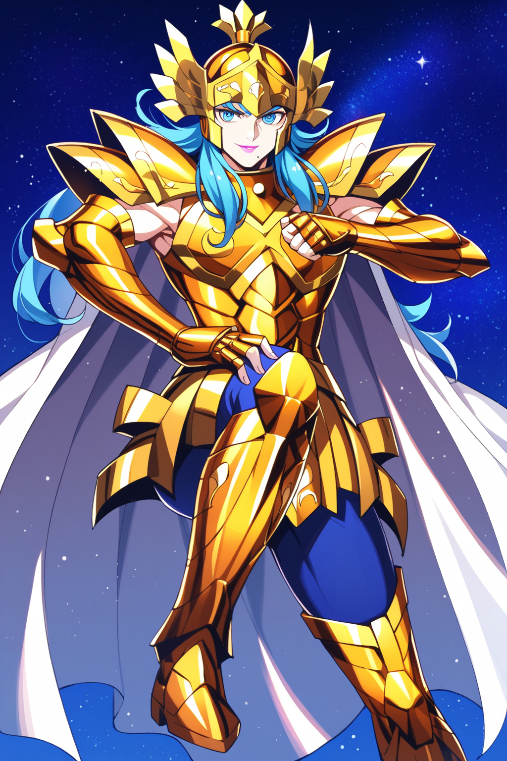 score_9, score_8_up, score_7_up, masterpiece, SSPIAP, 1boy, slender frame, slender figure, blue hair, wavy long hair, blue eyes, mole under eye, light pink lipstick, eyeliner, gold pauldrons, gold sleeveless armor, gold armlets, gold fingerless gauntlets, blue pants, gold thighhigh greaves, gold helmet, white cape, looking at viewer, smile, temple background, night time,source_anime, action pose