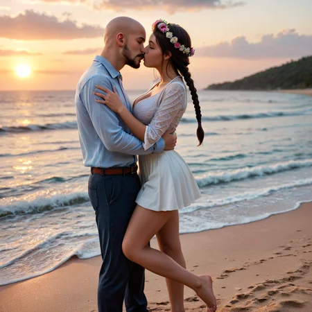 beautiful sunset, pink heart shaped clouds, beach, couple standing, hugging, kissing, middle aged, romantic, loving, realistic, detailed
BREAK
beautiful short, small, white woman AND brown long braided hair AND tight blouse AND skirt AND barefoot AND detailed beautiful natural face, large breasts
BREAK
large, tall white man AND semi bald AND black hair wreath AND extended goatee beard AND shirt AND detailed face <lora:Alien Style:0.75>