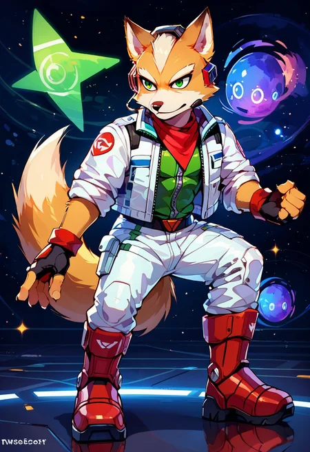 score_9, score_7_up, 
solo, 1boy, fox mcloud, furry, tail, green flight suit, white jacket, rolled sleeves, fingerless gloves, red boots, mechanical boots, red bandana, headset, scouter, 
full length portrait, intense facial expression, dynamic pose, 
abstract background, outer space, cosmic background, blurry background, bokeh, 
zzCitronCAT,