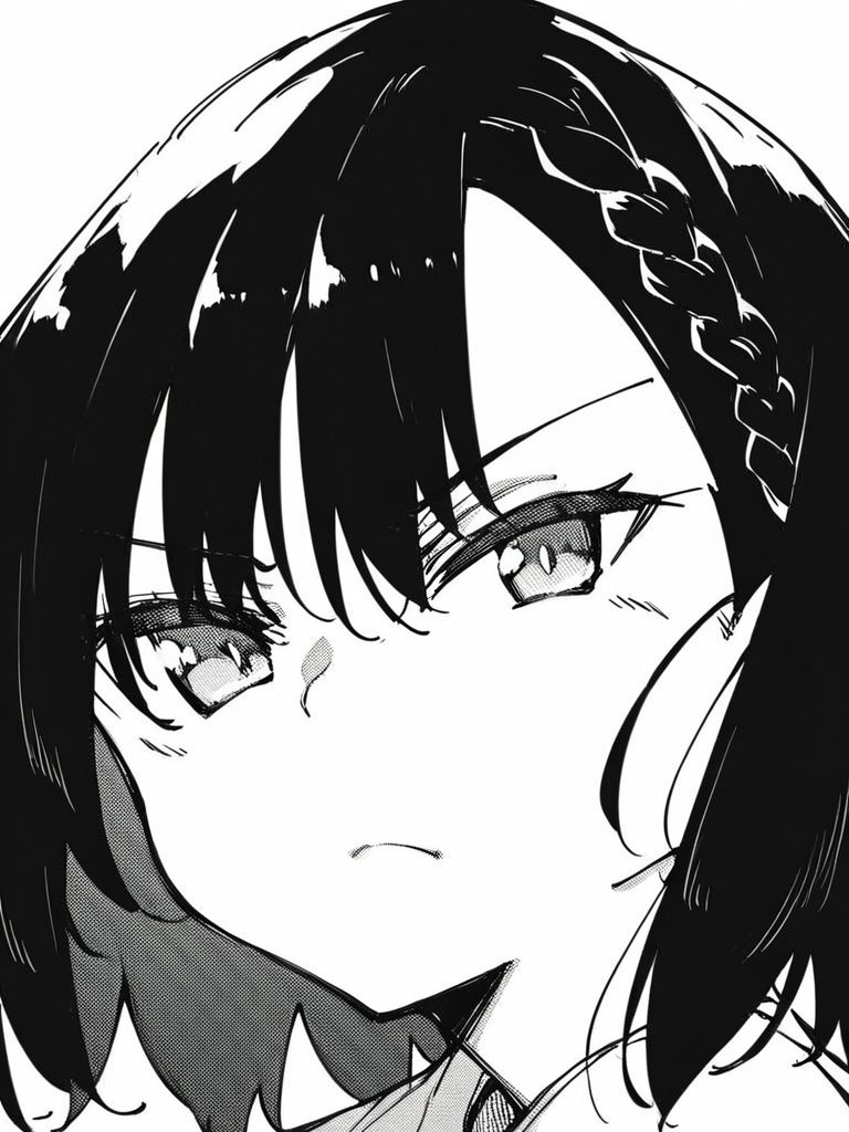 score_9, score_8_up, score_7_up,  
1girl, monochrome, kokonoe chika, black hair, medium hair, braid, 

face, close-up, white background, looking at viewer, frown, closed mouth, narrowed eyes, 