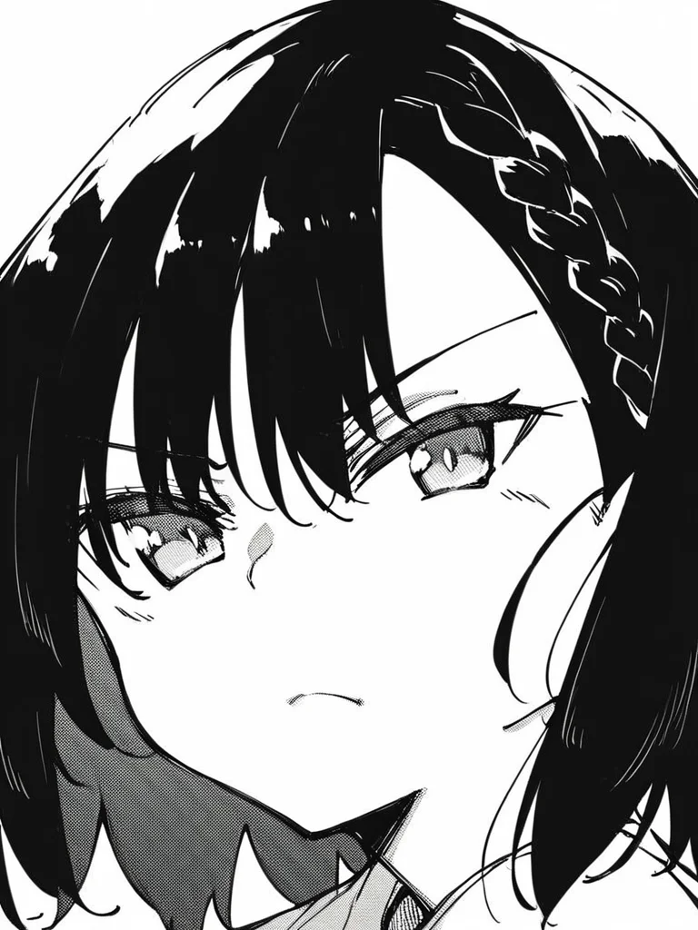 score_9, score_8_up, score_7_up,
1girl, monochrome, kokonoe chika, black hair, medium hair, braid,
face, close-up, white background, looking at viewer, frown, closed mouth, narrowed eyes,