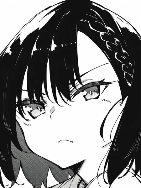 score_9, score_8_up, score_7_up,
1girl, monochrome, kokonoe chika, black hair, medium hair, braid,
face, close-up, white background, looking at viewer, frown, closed mouth, narrowed eyes,