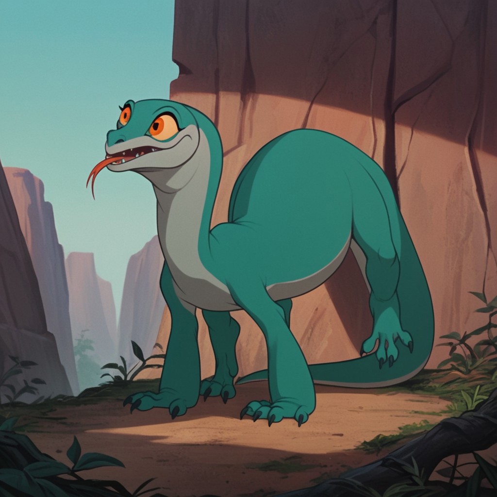 score_9, score_8_up, score_7_up, score_6_up, score_5_up, score_4_up, source_furry, joannardu, feral, female, lizard, green skin, orange eyes, yellow sclera, standing, outside, tongue out