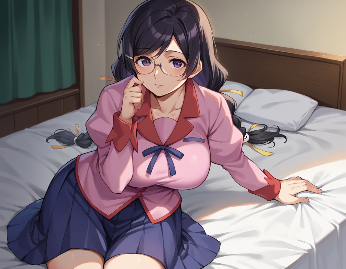 score_9, score_8_up, score_7_up, source_anime,
tsubasahanekawa, <lora:tsubasa-hanekawa-ponyxl-lora-nochekaiser:1>,
hanekawa tsubasa, long hair, black hair, hair ornament, purple eyes, braid, hairclip, twin braids, glasses, mature female,
skirt, school uniform, naoetsu high school uniform,
indoors, bed, bed room, on side,
looking at viewer, cowboy shot, dutch angle,