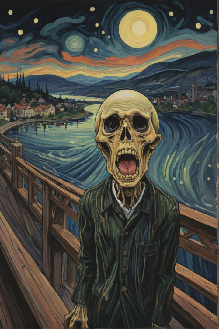 Edvard Munch's "The Scream" rendered in a Post-Punk style. The tormented figure on the bridge is surrounded by dreamlike,  distorted elements of the landscape,  creating an even more haunting and otherworldly atmosphere <lora:is_pretty:1> is pretty <lora:detailed_notrigger:1> , alien like figure, black eyes, bold, big head, holding a mic,