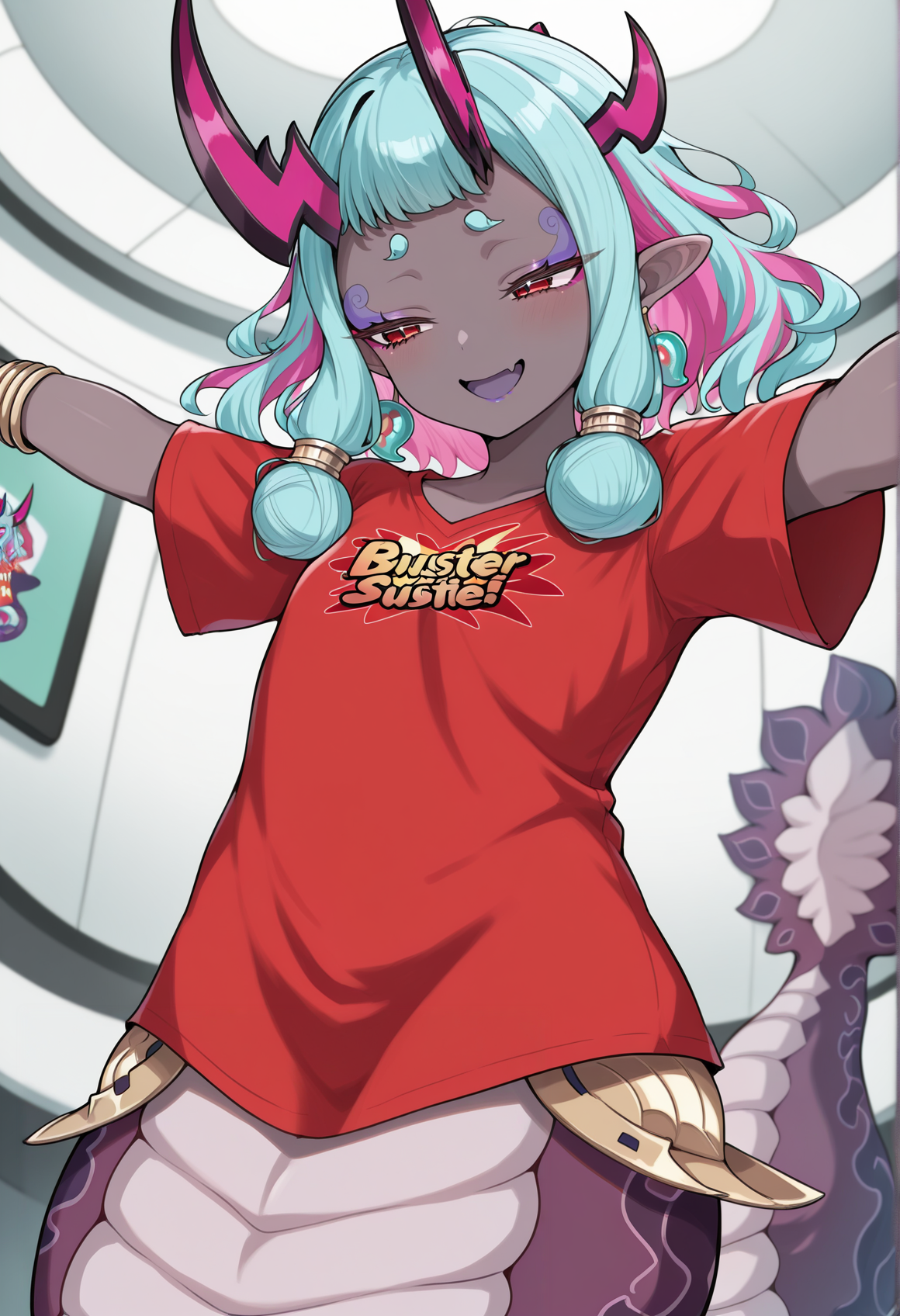 1girl, lamia, monster girl, darj skin, grey skin, colored skin, short hair, multicolored hair, aqua hair, pink hair, sidelocks, red eyes, makeup. eyeliner, oni, horns, earrings, bracelet, magatama, jewelry, buster shirt, indoors, spacecraft interior , long shirt <lora:Ibuki_douji_illus:1> smile, open mouth, masterpiece, best quality, amazing quality, very aesthetic, absurdres, highres, newest