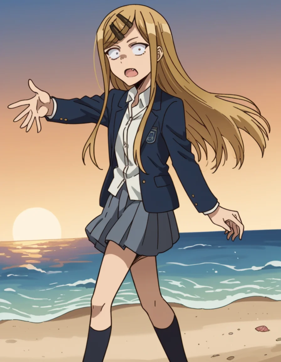 score_9, score_8_up, score_7_up, source_anime, <lora:saya-endou-s2-ponyxl-lora-nochekaiser:1>, saya endou, long hair, blonde hair, hair ornament, brown eyes, hairclip, fang, wide-eyed, constricted pupils, sanpaku,, skirt, shirt, hair ornament, school uniform, jacket, pleated skirt, socks, blazer,, beach, sunset, walking along shore, footprints in sand, waves, peaceful, , looking at viewer, hand reaching out, solo,, cowboy shot, dutch angle