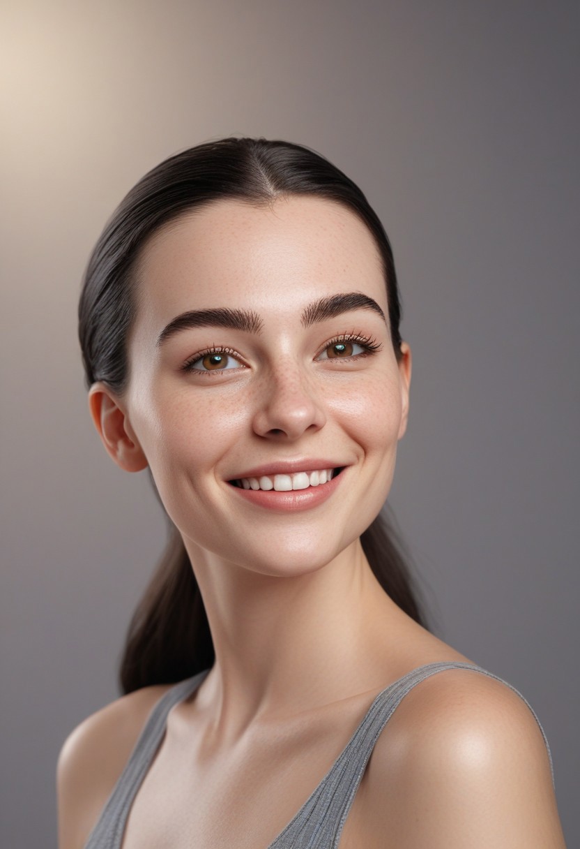 30yo american woman in a photostudio
Modeling High cut, high Quality Dress.
Slight makeup, heavy rimmel. Clear skin.  realistic skin style
Long dark black slick back hair. 
Shooting light, indors, cable light
Studio background.
Winking left eye. Smiling.
Bokeh. Heavy Bokeh light.