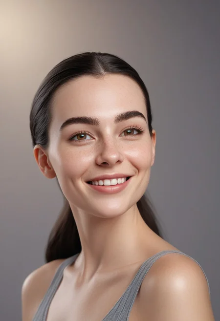 30yo american woman in a photostudio
Modeling High cut, high Quality Dress.
Slight makeup, heavy rimmel. Clear skin.  realistic skin style
Long dark black slick back hair. 
Shooting light, indors, cable light
Studio background.
Winking left eye. Smiling.
Bokeh. Heavy Bokeh light.