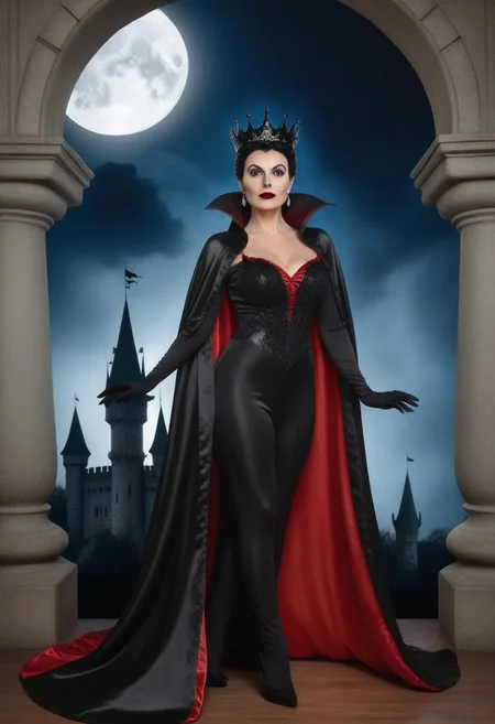 Fantasy Photoshoot, studio photography, cosplay,
Full length view of A towering, Beautiful female evil Queen, Black Crown, surprised look on face, embodying a 50's aristocratic elegance, exudes a mesmerizing allure, dressed intriguingly as a mysterious stepmother, her silhouette mysteriously clad in a glossy black latex Catsuit paired with a fluid, floor-length shiny Black Satin Cape with Red satin lining that gradually unfolds into a ruffle at the hem, her face has an evil Powerful look, seductively standing outside in front of her Dark gothic Castle at night with a full moon and Bats flying in the Background