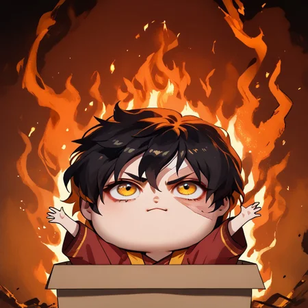score_9, score_8_up, score_7_up, 1girl, arms up, fire, outstretched arms, upper body, Zuko, black hair, scar on one eye, yellow eyes, chibi, burning, b0xe,chibi, in box, burning background