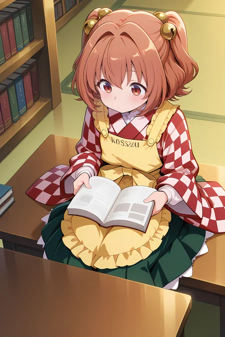 absurdres, highres, masterpiece, best quality, amazing quality, official anime artwork, screencap, anime screencap, indoors, dynamic pose, library,
 <lora:Kosuzu-Motoori_Illustrious:1> motoori kosuzu, 1girl, solo, brown eyes, brown hair, twintails, short hair,, bell, checkered kimono, wide sleeves, yellow apron, green skirt,  
sitting, table, reading book, from above,