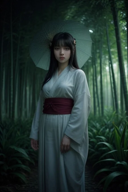1girl, hyuuga hinata, purple eyes, white eyes, blunt bangs, black hair, hime cut, very large breasts, looking at viewer, fringe,konohagakure symbol, headband around neck ,solodynamic ink painting of a bamboo grove of japan, black and white,monochrome, great art, great sense of depth, ground level shot, the most beautiful bamboo grove in the world, bamboo leaves shining through rainwater, moon\(pale blue\) with a light overcast, beautiful woman\(ancient Japanese noble, beautiful kimono, beautiful long black hair\) looking up at the moon holding an umbrella,raining softly, fireflies flying around, bamboo leaves are placed three-dimensionally in the foreground, long distance shot
score_9, score_8_up, score_7_up, score_6_up, score_9, score_8_up, score_7_up, score_6_up, cowboy shot, <lora:sdxl_lightning_8step_lora:1> <lora:breasts++-PD-breast_bags-1.0:1> <lora:HerrscherAGGA2024_Polo_Shirt_V1:0.6> <lora:GirlfriendFNF_PDXL:0.8>