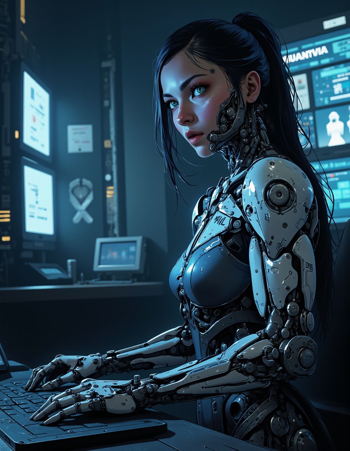 cyberpunk, A dark mysterious hacker room, upper body portrait, a cyberpunk girl sits at a sleek hacker console, she looks at the viewer. Her body is a masterful fusion of organic beauty and advanced cybernetic enhancements. Metallic implants run down her arms and legs, glowing softly with energy beneath her smooth skin,  sleek black hair tied back in a tight ponytail, her eyes are icy blue. <lora:CPA:1>  <lora:BLUE_mk4_angel_FLUX_01:0.6>  <lora:ck-Neon-Retrowave:0.2>