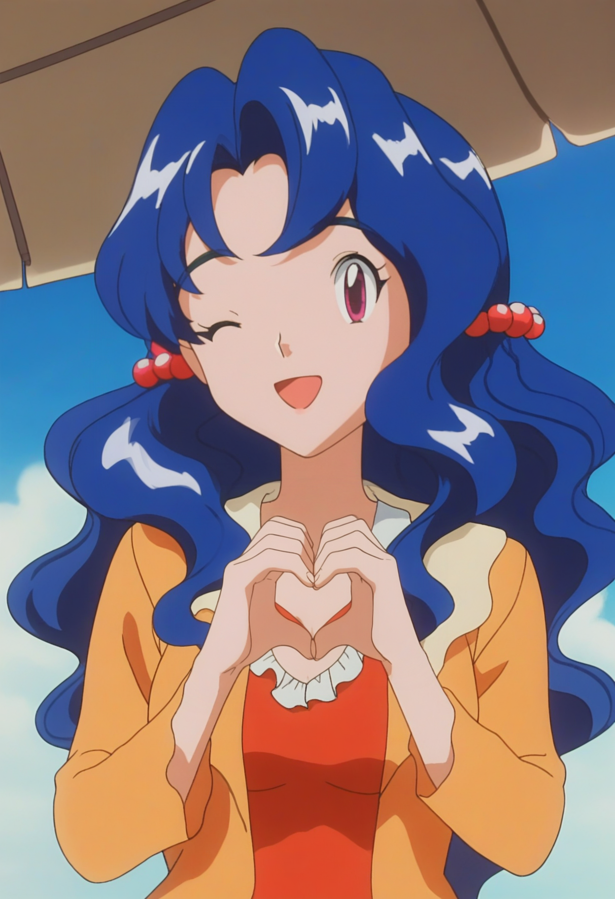 score_9, score_8_up, score_7_up, score_6_up, anime screencap, anime coloring, <lora:PMViolet3:0.9>, PMViolet, 1girl, solo, blue hair, long hair, purple eyes, wavy hair, bangs, hair bobbles, medium breasts,
orange jacket, red dress,
heart hands, smile, one eye closed, open mouth, 
BREAK cafe, blue sky, sunlight