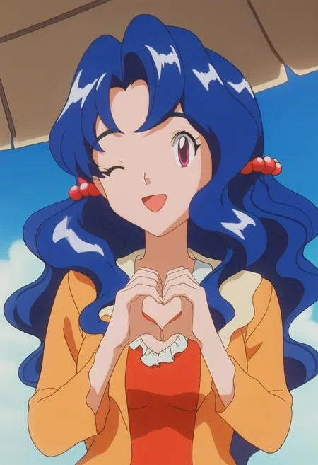 score_9, score_8_up, score_7_up, score_6_up, anime screencap, anime coloring, <lora:PMViolet3:0.9>, PMViolet, 1girl, solo, blue hair, long hair, purple eyes, wavy hair, bangs, hair bobbles, medium breasts,
orange jacket, red dress,
heart hands, smile, one eye closed, open mouth, 
BREAK cafe, blue sky, sunlight
