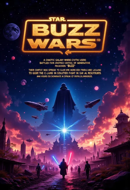 Design a cinematic poster in the iconic style of Star Wars, with a vast starry background and the classic opening crawler text. At the top, the bold title reads 'BUZZ Wars' in glowing, futuristic letters. Below the title, the iconic yellow crawl begins, telling the story of "A chaotic galaxy where CivitAI users battle for control of a mysterious power called 'BUZZ'—the ultimate resource for generating endless images." In the next line the crawl tells "A tale of rival factions, each desperate to claim more BUZZ to fuel their creativity. Their conflict has spread across the galaxy, with epic space battles and duels fought in digital landscapes, as users harness AI tools to outsmart each other and dominate the Civitai universe." The poster should feature dynamic artwork of space battles, futuristic cities in ruins, and characters wielding digital tools like lightsabers, while volumetric light and shadows create an epic atmosphere. Include starship designs and planets as part of the visual appeal. Use vibrant, high-contrast colors and dramatic lighting to evoke the feel of an epic sci-fi saga.