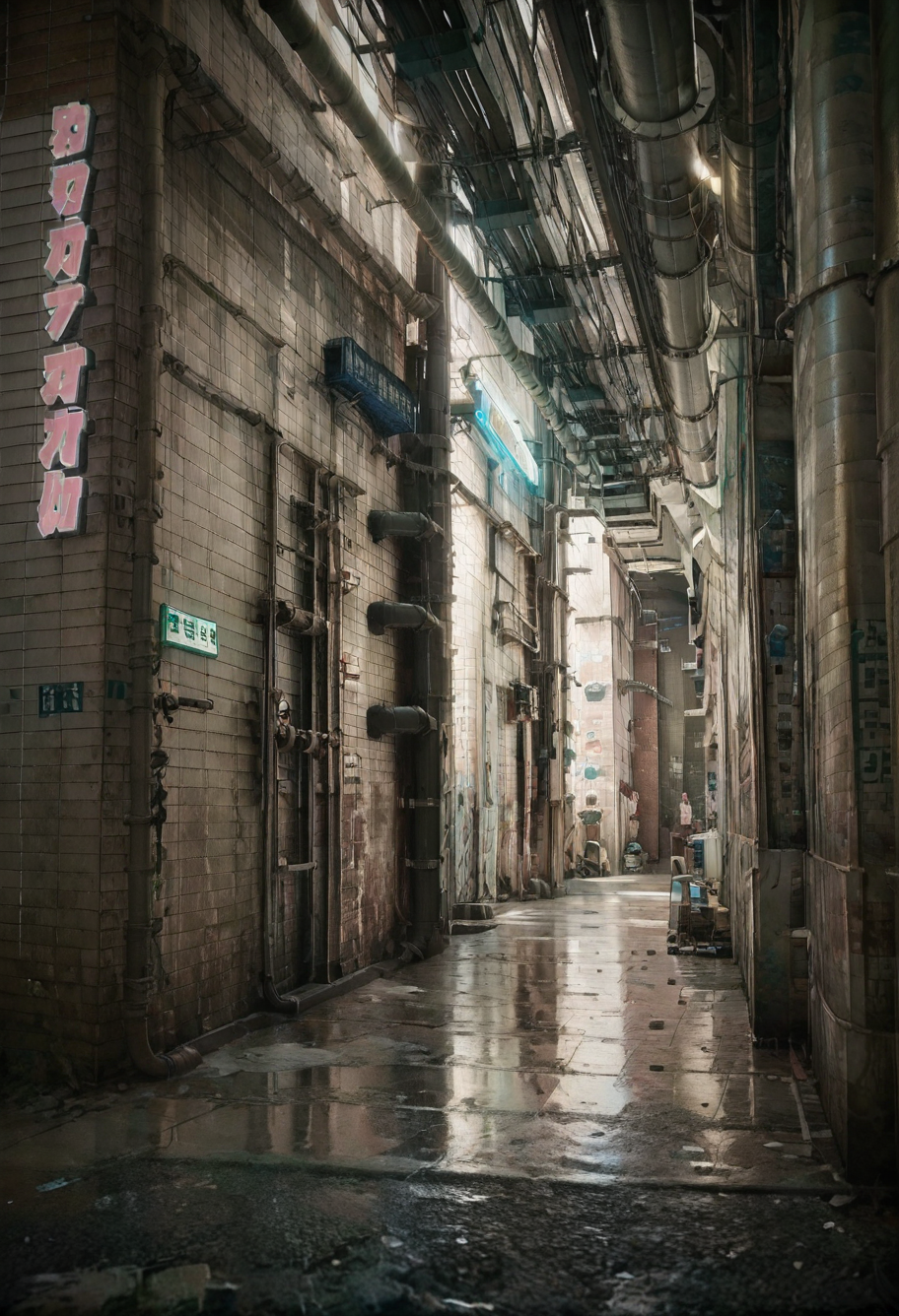 ,ruanyi0888,industrial pipe,alley,<lora:0888 aisle_v1_pony:1>, score_9,score_8_up,score_7_up,,8k,1girl,solo,,