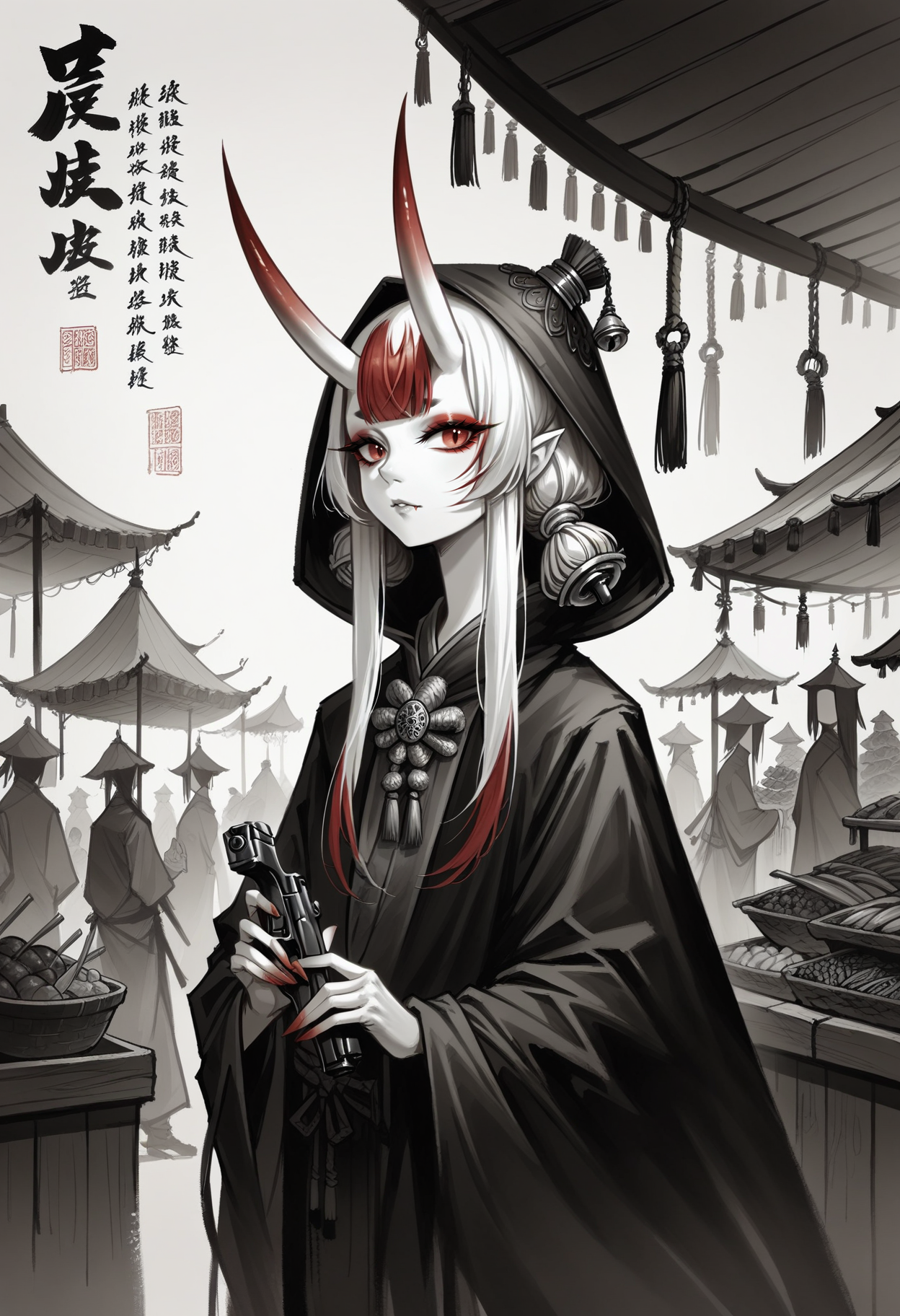 score_9, score_8_up, score_7_up, score_9, <lora:cllgrphy_pdxl_EliPot:1>,
monochrome, chinese text, 
1girl, solo, solo focus, 
monster girl, oni girl, gradient skin,  pale skin,  red eyes, white  skin, oni horns, blunt ends, red eyes, eyeshadow, hair bell, two-tone hair, white hair, red hair ends,
rapier, feathered hat, cloak, musketeer tabard, pistol,
market, bazaar,