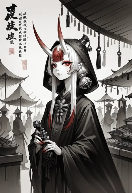score_9, score_8_up, score_7_up, score_9, <lora:cllgrphy_pdxl_EliPot:1>,
monochrome, chinese text, 
1girl, solo, solo focus, 
monster girl, oni girl, gradient skin,  pale skin,  red eyes, white  skin, oni horns, blunt ends, red eyes, eyeshadow, hair bell, two-tone hair, white hair, red hair ends,
rapier, feathered hat, cloak, musketeer tabard, pistol,
market, bazaar,