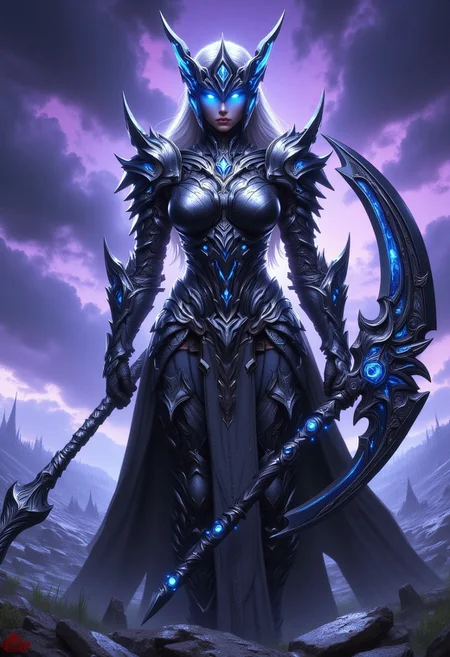 A powerful and voluptuous female knight dominates the scene, her dark gray armor with a shimmering blue tint reflecting the dim light of the setting sun. The armor, adorned with flowing designs and intricate patterns, emphasizes her curvaceous figure, with a strong yet feminine presence. Her helm is adorned with a visor made of sapphire-like crystal, casting a deep blue glow over her fierce, focused eyes.
She grips a massive two-handed scythe, its blade dark and ominous, with a serrated edge designed for devastating sweeps. She stands with her feet planted firmly, the scythe held at the ready, her stance exuding strength and readiness. The background shows a battlefield littered with fallen enemies, the sky a deep purple with storm clouds gathering, enhancing the dramatic and formidable aura of the scene.