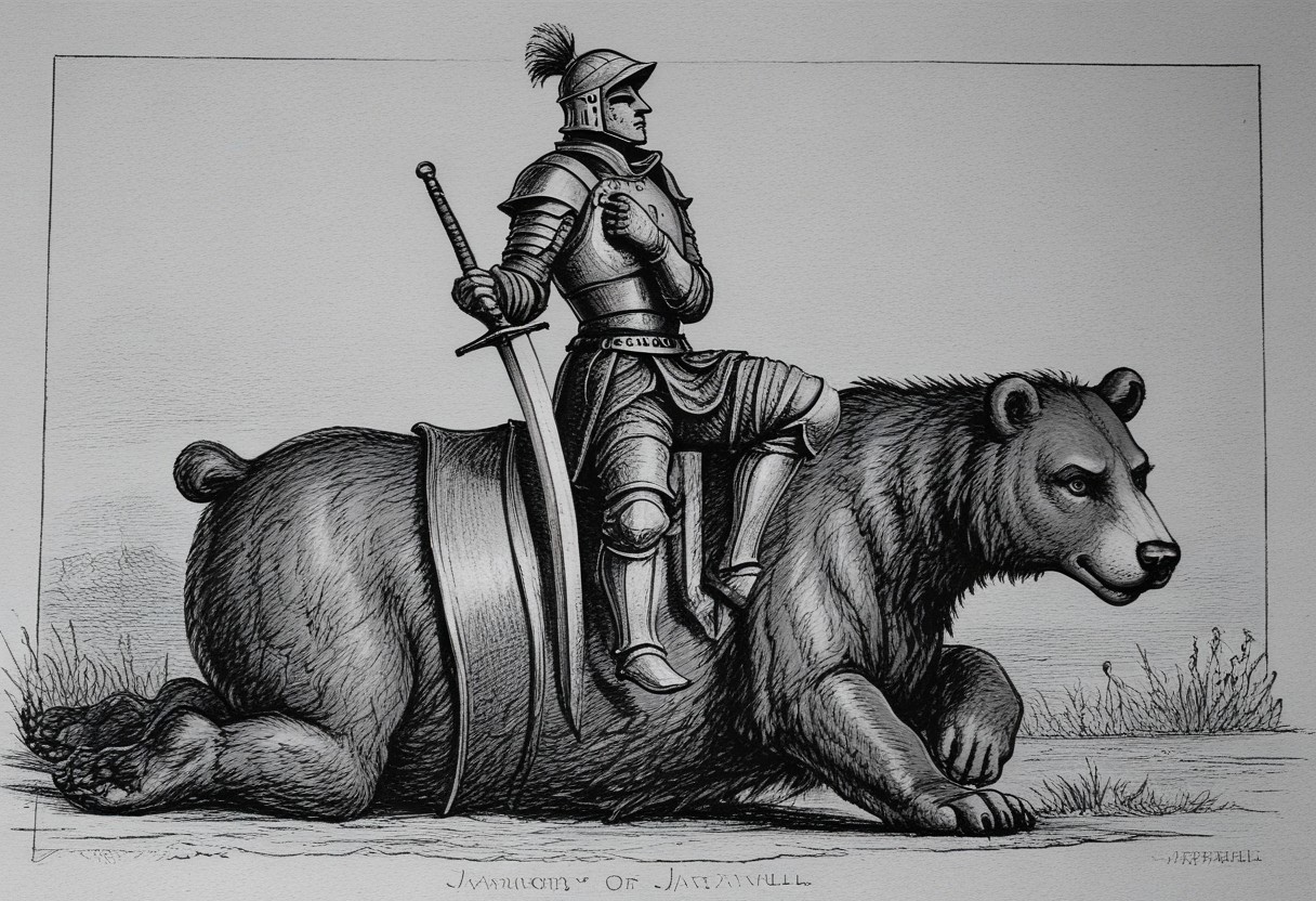 llbreton,monochrome,greyscale,traditional media,a knight holding a sword and riding a bear