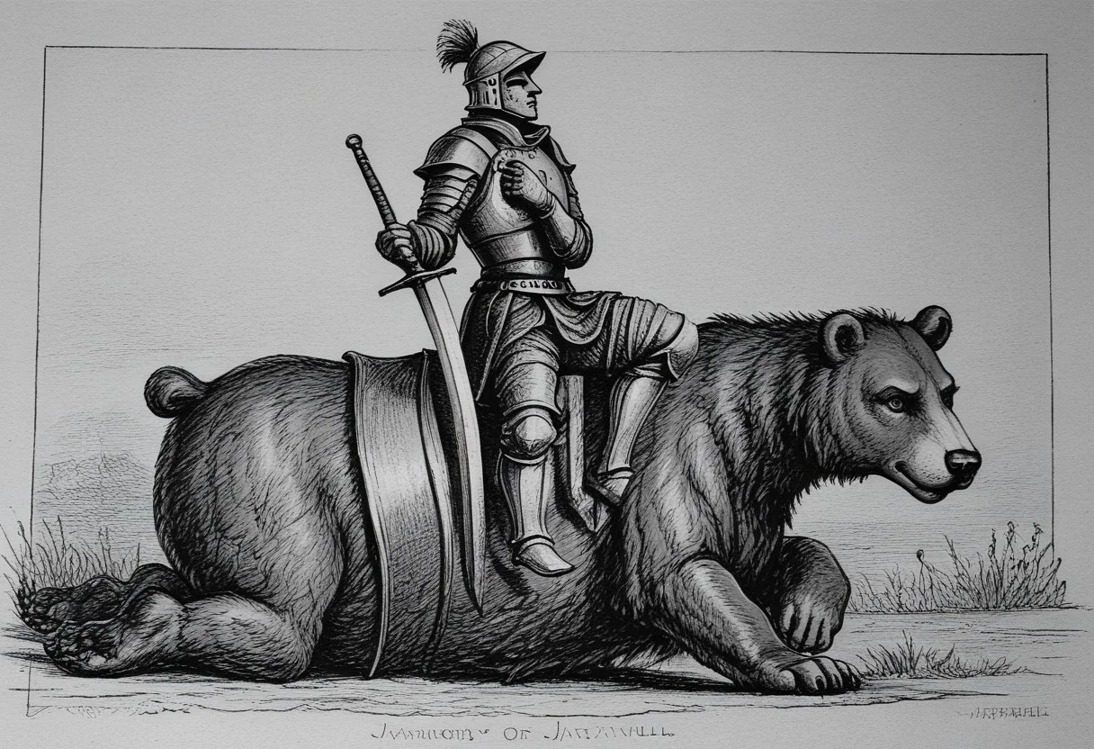 llbreton,monochrome,greyscale,traditional media,a knight holding a sword and riding a bear