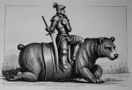 llbreton,monochrome,greyscale,traditional media,a knight holding a sword and riding a bear