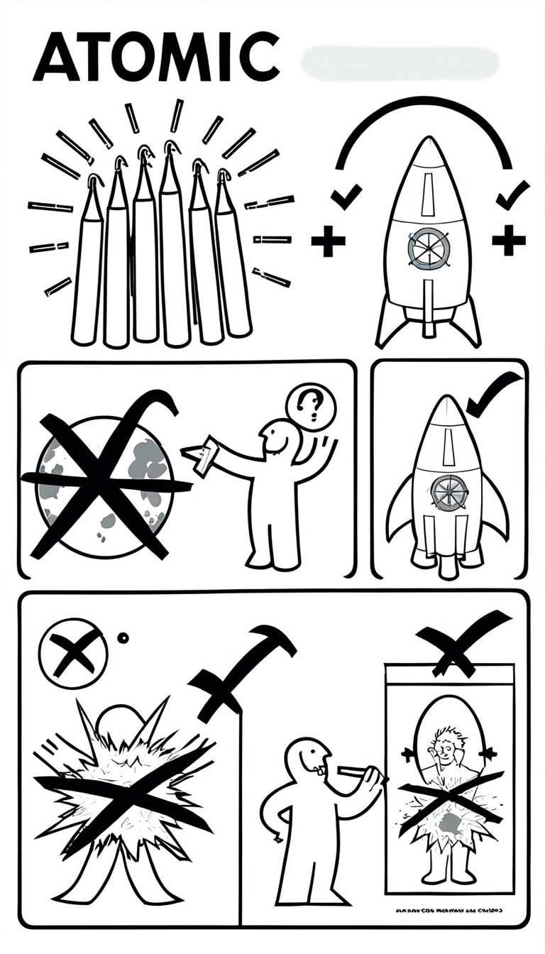 atomic bomb, rocket, large explosion and child safety warning, happy scientists <lora:ikea_instructions_xl_v1_5:1>