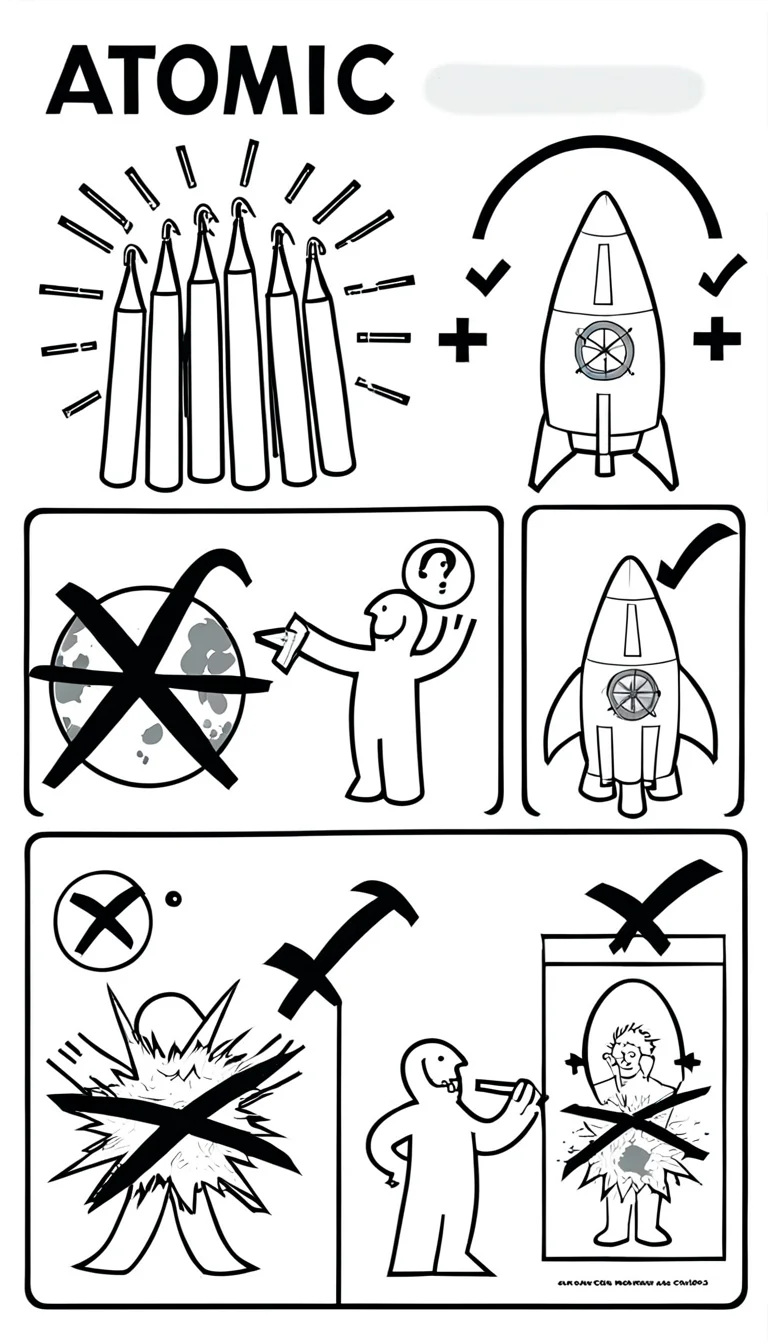 atomic bomb, rocket, large explosion and child safety warning, happy scientists <lora:ikea_instructions_xl_v1_5:1>