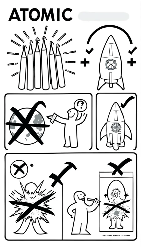 atomic bomb, rocket, large explosion and child safety warning, happy scientists <lora:ikea_instructions_xl_v1_5:1>
